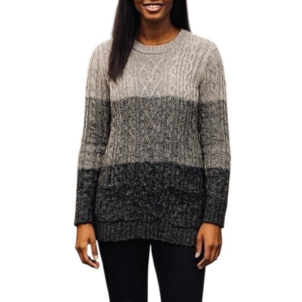 Jeanne Pierre Gray/Black/White Long Sleeve Stripe Crew Neck Sweater